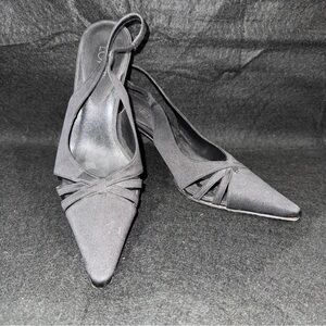 Ann Taylor LOFT 6 M Black Fabric Pointed Toe Sling Back Shoes Heels Dressy Party